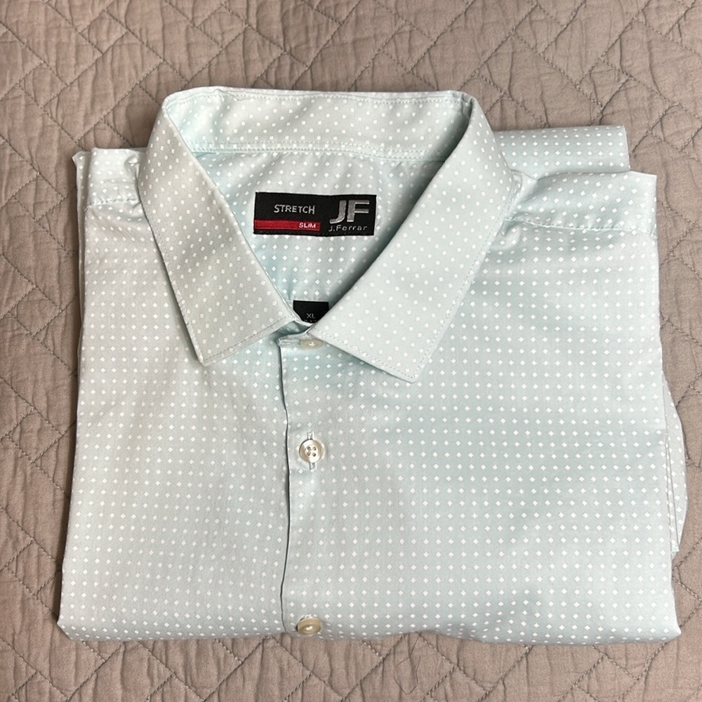 JF J ferrar Mens Light Green with White dots Long Sleeve Shirt Sz 17/17.5
